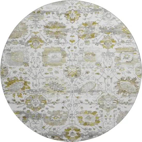 8' Linen Gold And Ivory Oriental Washable Round Rug With UV Protection Photo 1