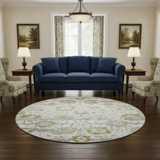 8' Linen Gold And Ivory Oriental Washable Round Rug With UV Protection Photo 2
