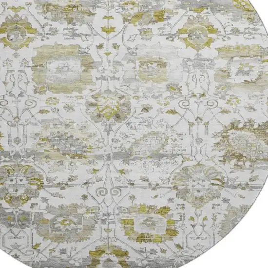 8' Linen Gold And Ivory Oriental Washable Round Rug With UV Protection Photo 2