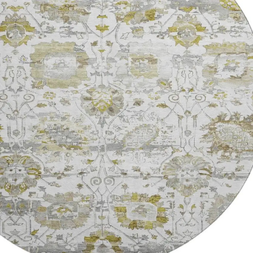 8' Linen Gold And Ivory Oriental Washable Round Rug With UV Protection Photo 2