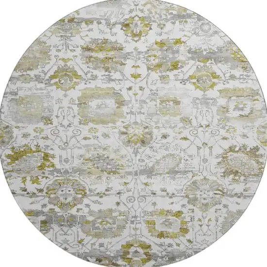 8' Linen Gold And Ivory Oriental Washable Round Rug With UV Protection Photo 3