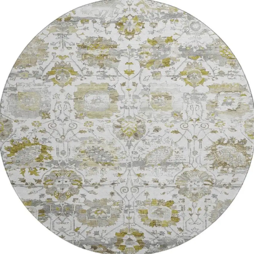 8' Linen Gold And Ivory Oriental Washable Round Rug With UV Protection Photo 3