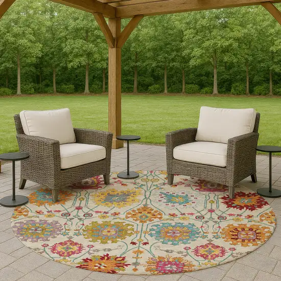 8' Linen Gold And Pink Round Damask Washable Indoor Outdoor Area Rug Photo 9