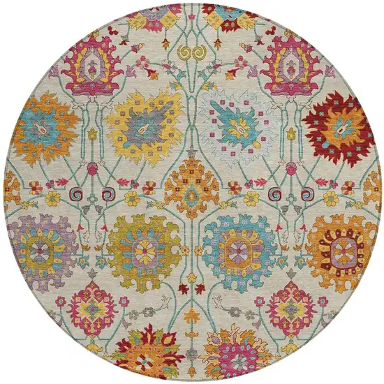 8' Linen Gold And Pink Round Damask Washable Indoor Outdoor Area Rug Photo 4