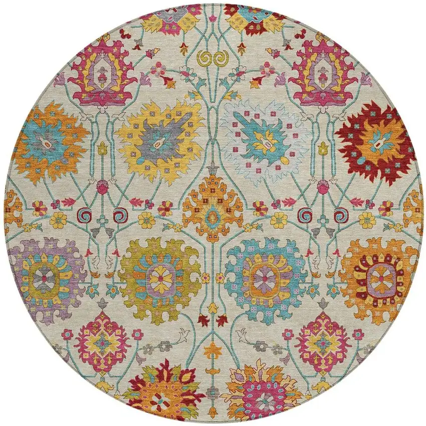 8' Linen Gold And Pink Round Damask Washable Indoor Outdoor Area Rug Photo 4