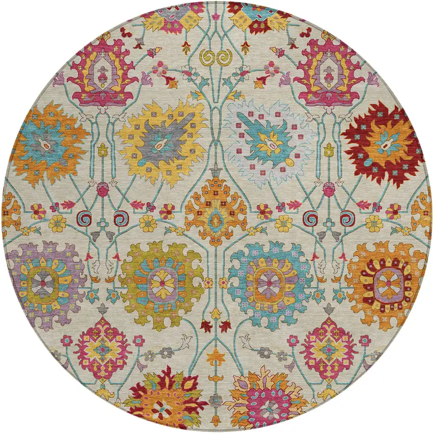 8' Linen Gold And Pink Round Damask Washable Indoor Outdoor Area Rug Photo 2