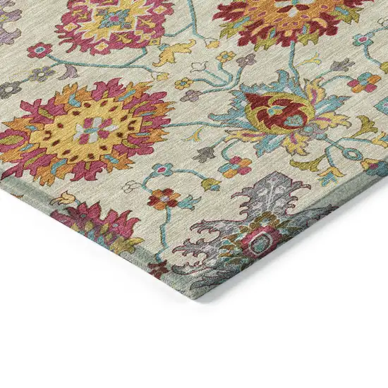 8' Linen Gold And Pink Round Damask Washable Indoor Outdoor Area Rug Photo 6