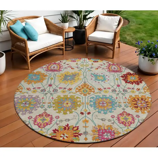 8' Linen Gold And Pink Round Damask Washable Indoor Outdoor Area Rug Photo 1