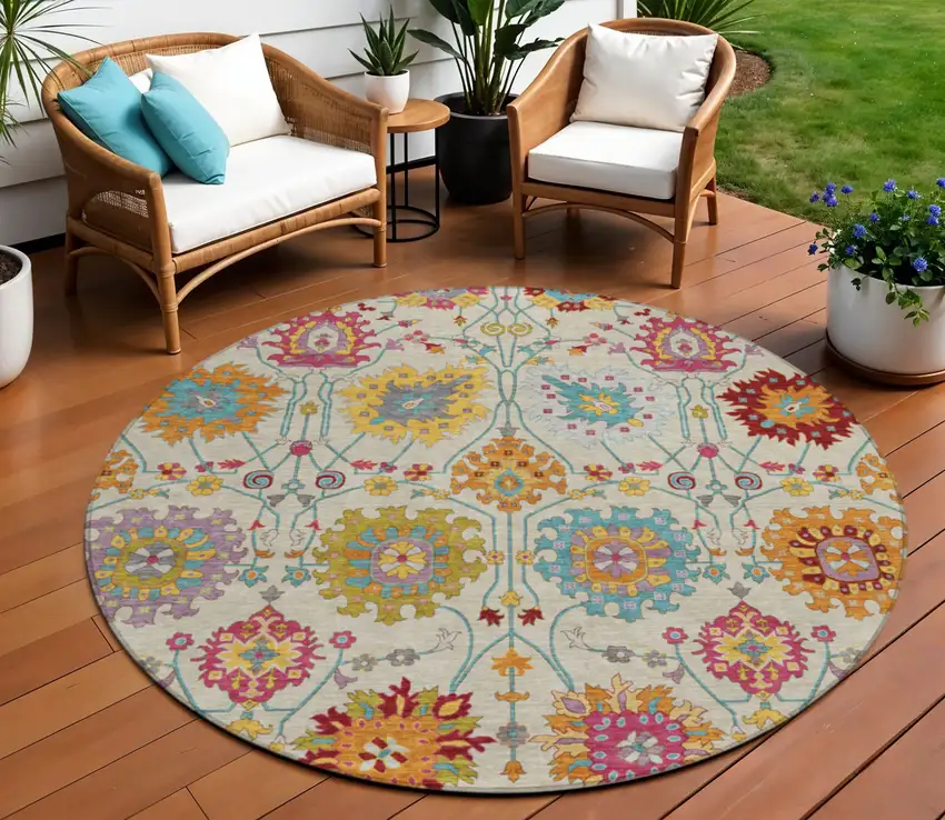 8' Linen Gold And Pink Round Damask Washable Indoor Outdoor Area Rug Photo 1