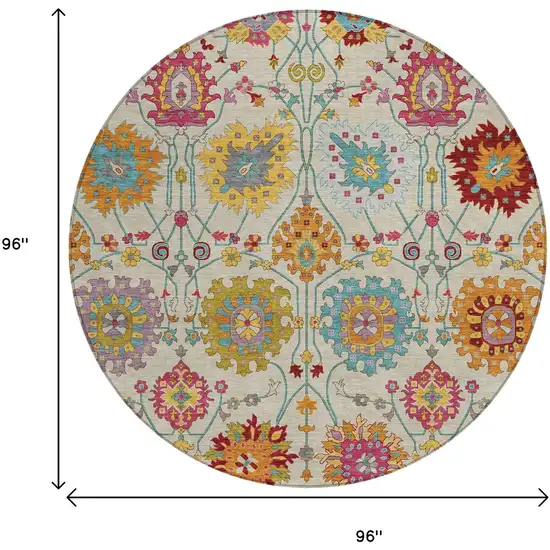 8' Linen Gold And Pink Round Damask Washable Indoor Outdoor Area Rug Photo 3