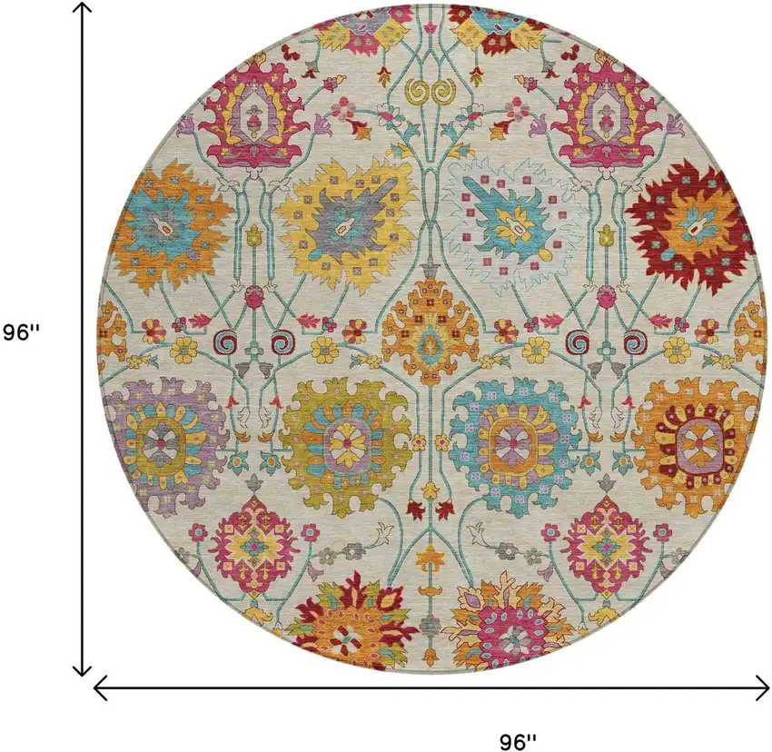 8' Linen Gold And Pink Round Damask Washable Indoor Outdoor Area Rug Photo 3