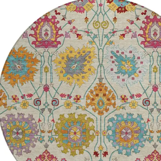 8' Linen Gold And Pink Round Damask Washable Indoor Outdoor Area Rug Photo 7