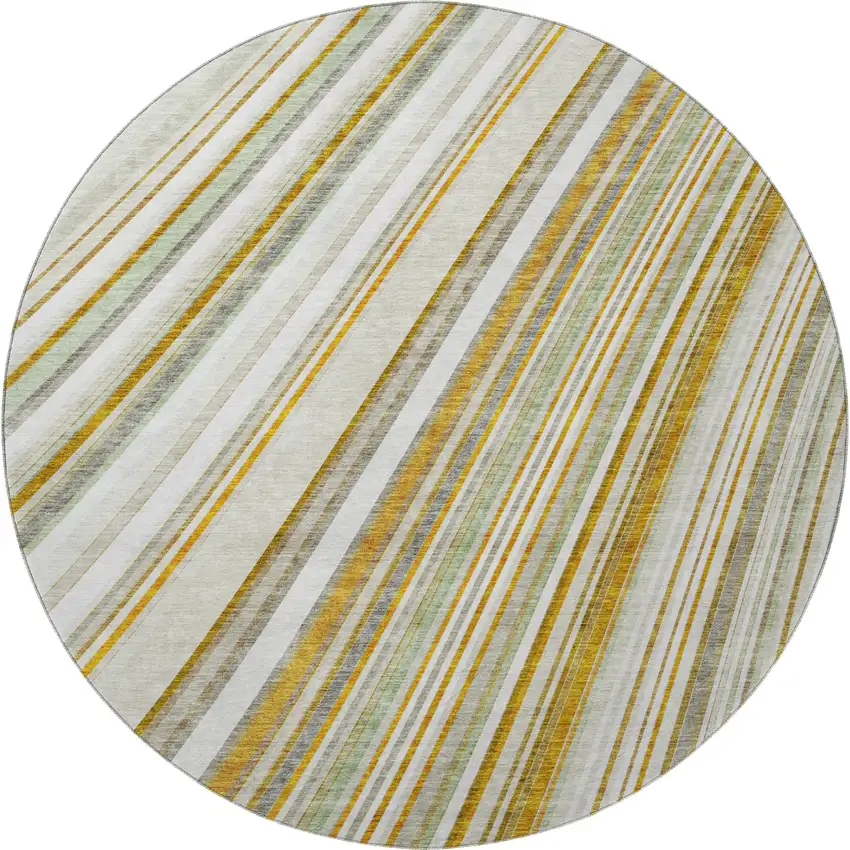 8' Linen Gold And Sage Striped Washable Round Rug With UV Protection Photo 3