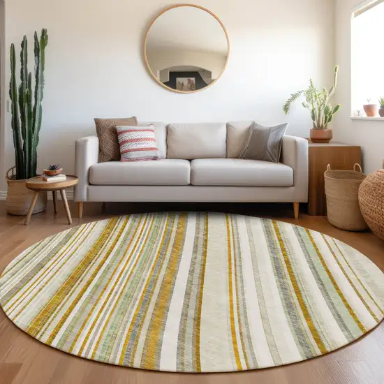 8' Linen Gold And Sage Striped Washable Round Rug With UV Protection Photo 4