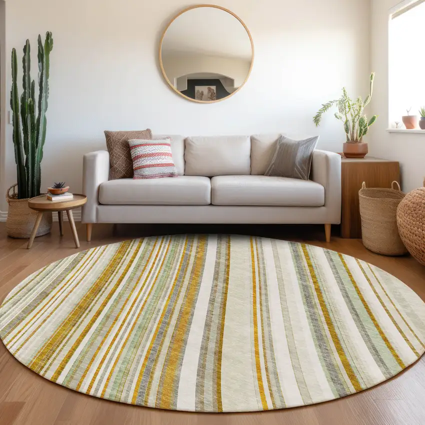 8' Linen Gold And Sage Striped Washable Round Rug With UV Protection Photo 4