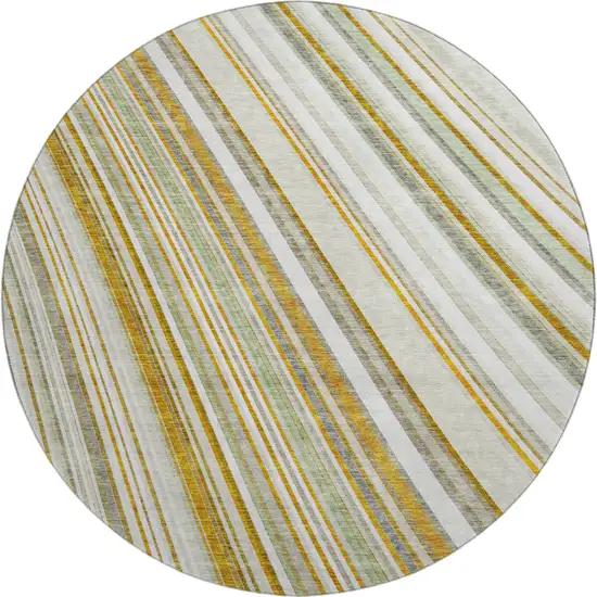 8' Linen Gold And Sage Striped Washable Round Rug With UV Protection Photo 1