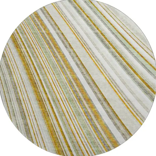 8' Linen Gold And Sage Striped Washable Round Rug With UV Protection Photo 2