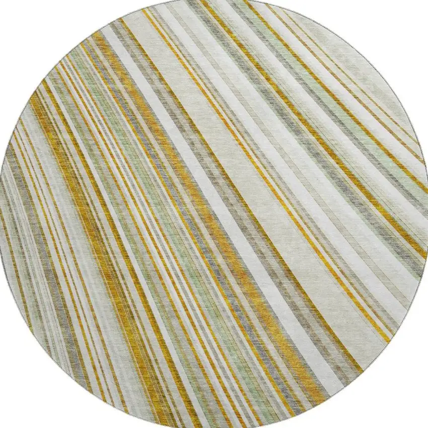 8' Linen Gold And Sage Striped Washable Round Rug With UV Protection Photo 2