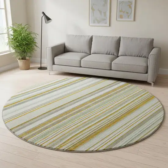 8' Linen Gold And Sage Striped Washable Round Rug With UV Protection Photo 2