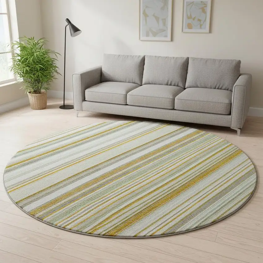 8' Linen Gold And Sage Striped Washable Round Rug With UV Protection Photo 2
