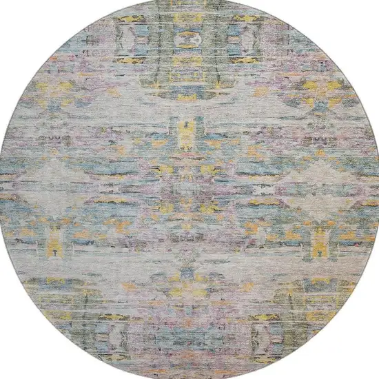 8' Linen Gold And Teal Abstract Washable Round Rug With UV Protection Photo 2