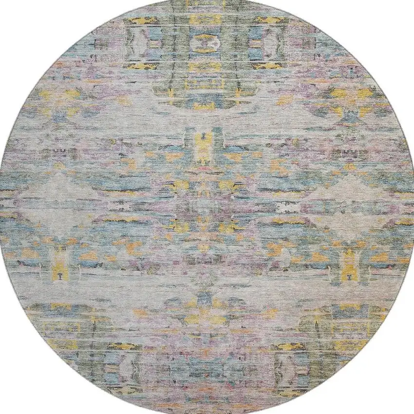 8' Linen Gold And Teal Abstract Washable Round Rug With UV Protection Photo 2