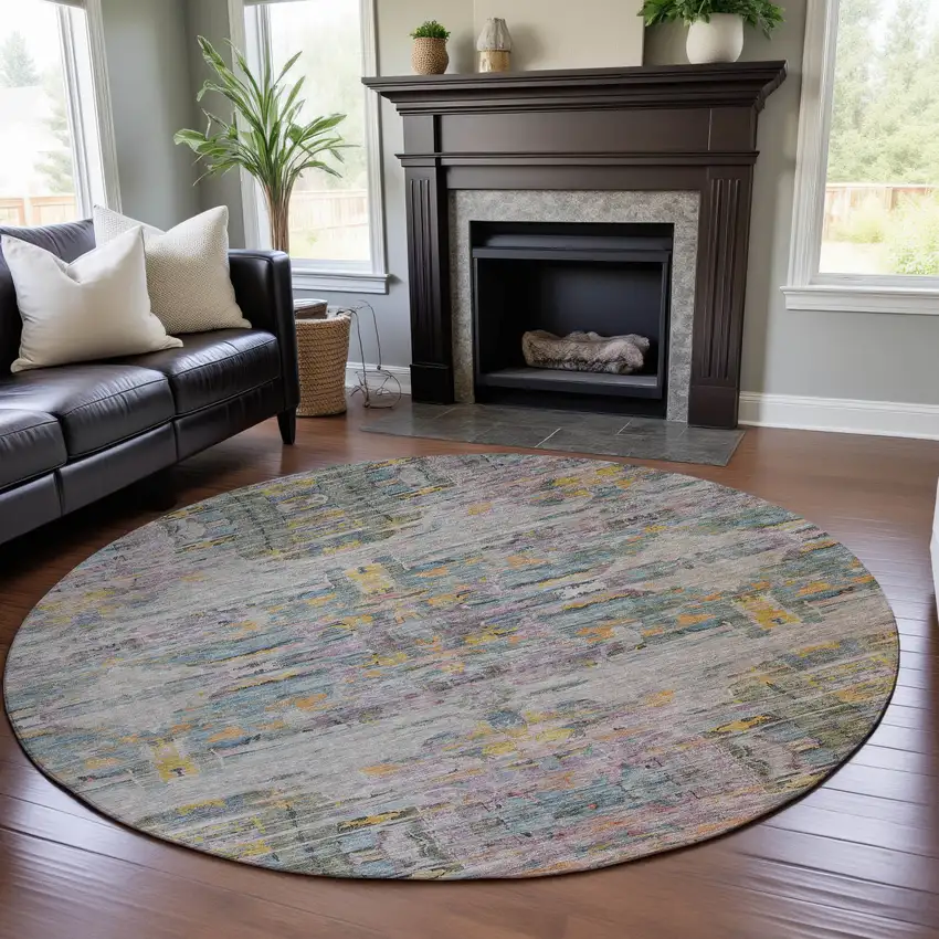 8' Linen Gold And Teal Abstract Washable Round Rug With UV Protection Photo 4