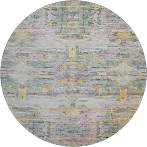 Photo of 8' Linen Gold And Teal Abstract Washable Round Rug With UV Protection