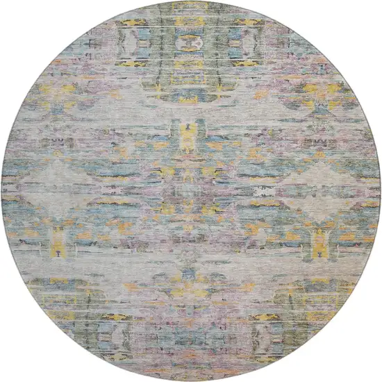 8' Linen Gold And Teal Abstract Washable Round Rug With UV Protection Photo 1