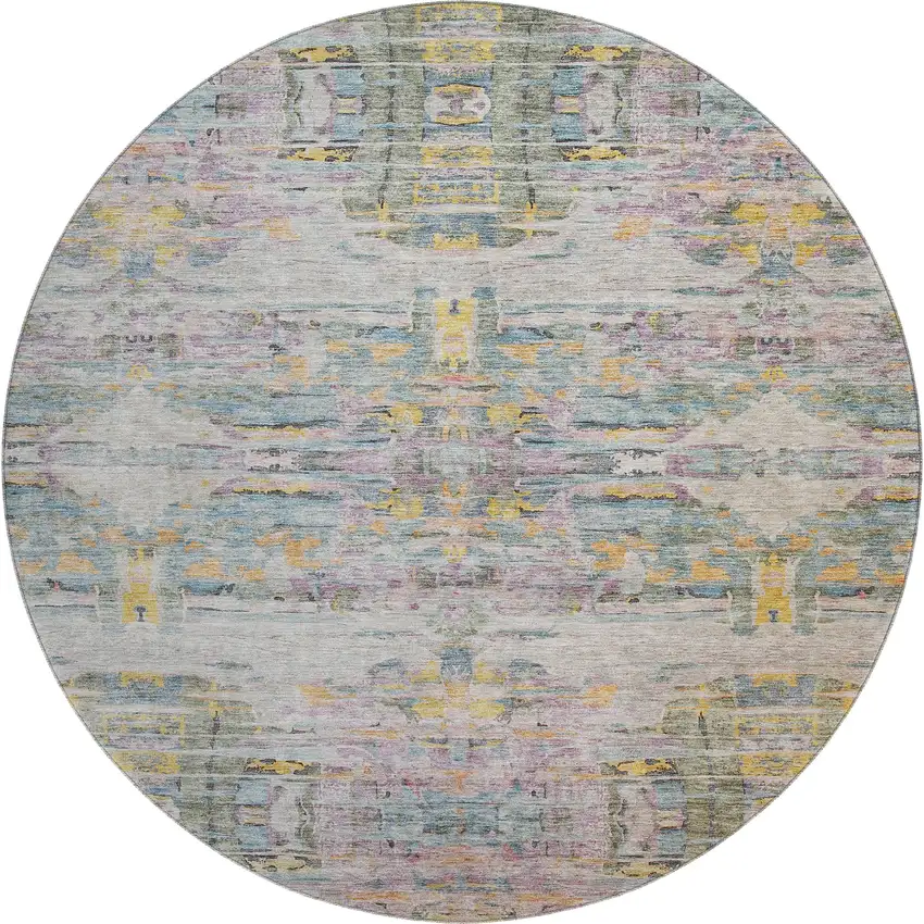 8' Linen Gold And Teal Abstract Washable Round Rug With UV Protection Photo 1