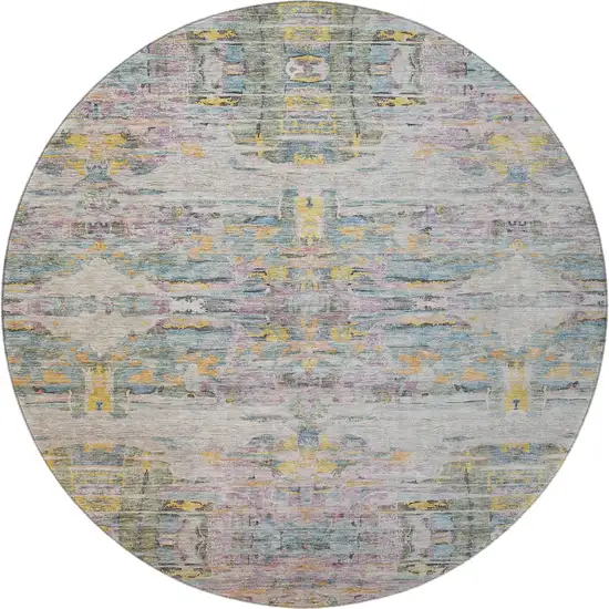8' Linen Gold And Teal Abstract Washable Round Rug With UV Protection Photo 3