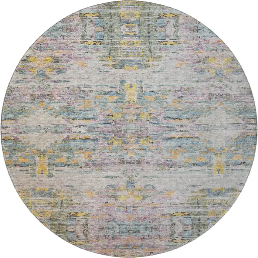 8' Linen Gold And Teal Abstract Washable Round Rug With UV Protection Photo 3