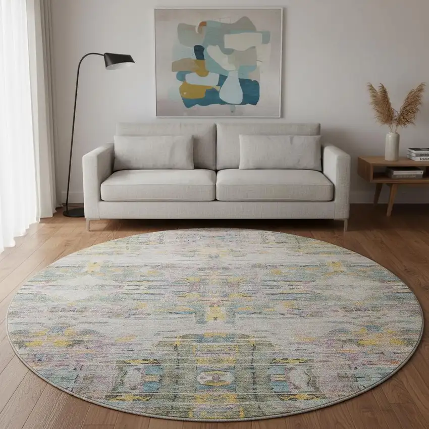 8' Linen Gold And Teal Abstract Washable Round Rug With UV Protection Photo 2