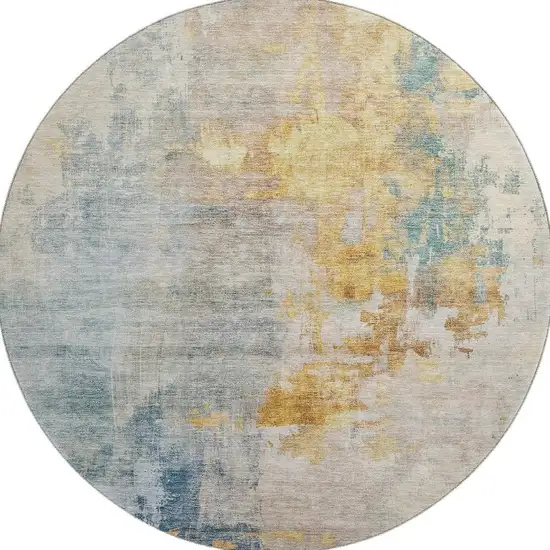 8' Linen Gold And Teal Abstract Washable Round Rug With UV Protection Photo 3