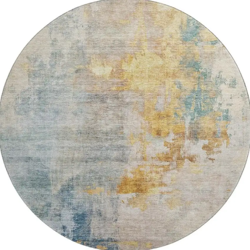8' Linen Gold And Teal Abstract Washable Round Rug With UV Protection Photo 3