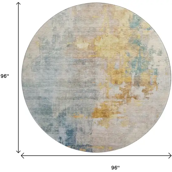 8' Linen Gold And Teal Abstract Washable Round Rug With UV Protection Photo 9