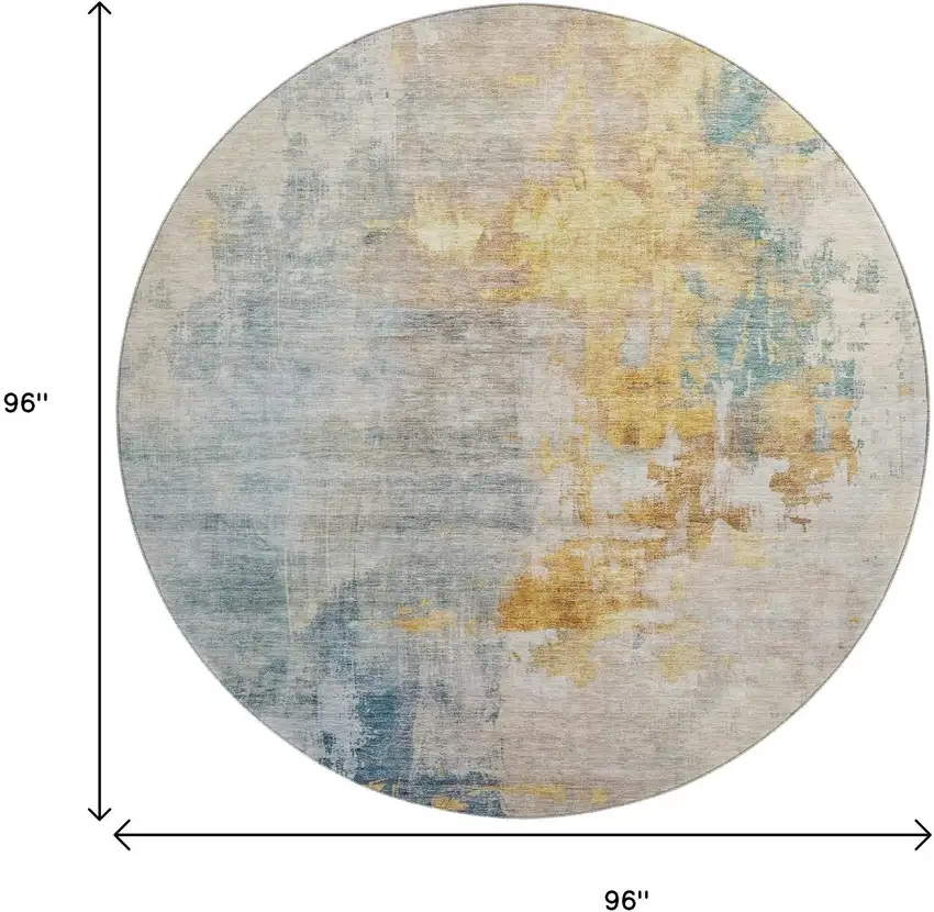 8' Linen Gold And Teal Abstract Washable Round Rug With UV Protection Photo 9