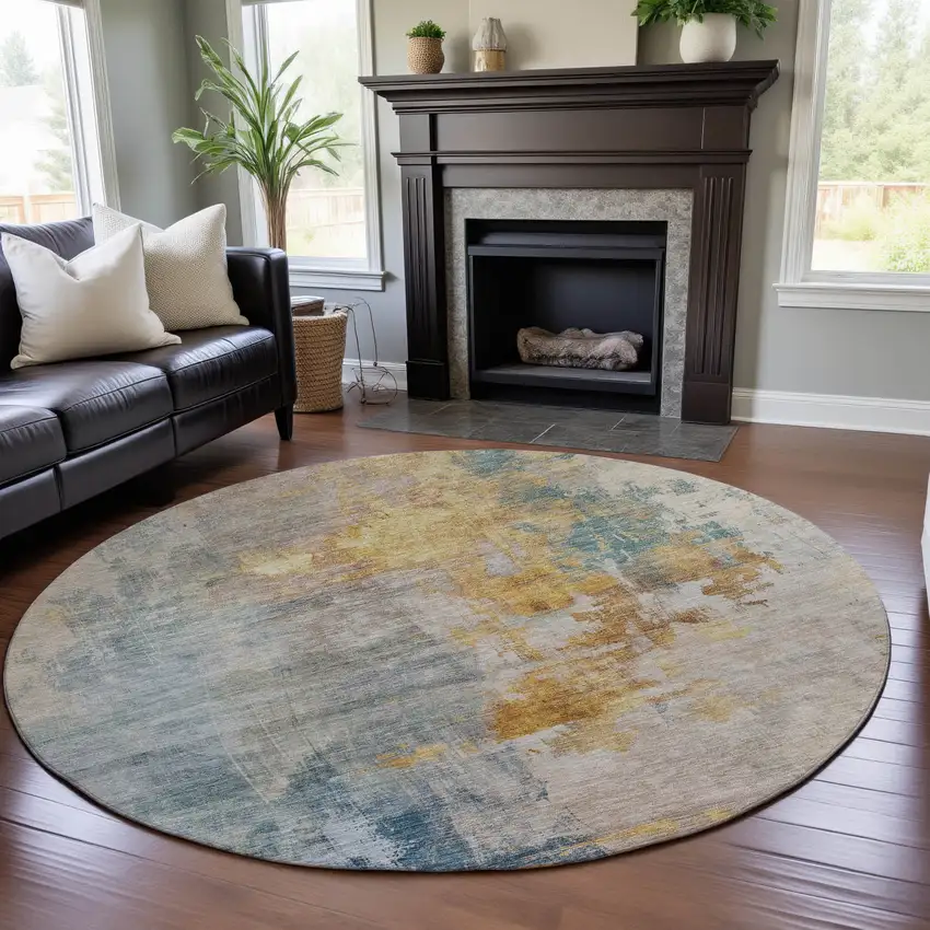 8' Linen Gold And Teal Abstract Washable Round Rug With UV Protection Photo 4