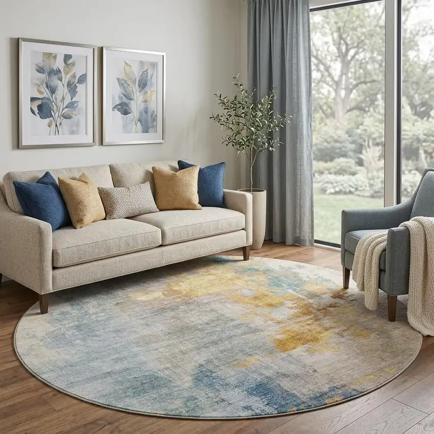 8' Linen Gold And Teal Abstract Washable Round Rug With UV Protection Photo 1