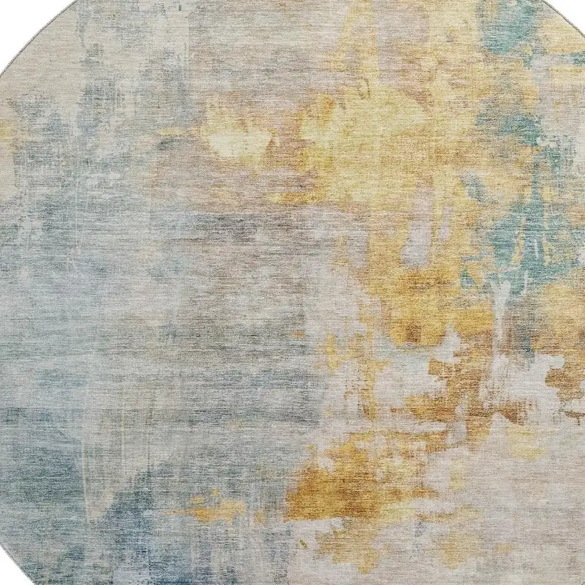 8' Linen Gold And Teal Abstract Washable Round Rug With UV Protection Photo 2