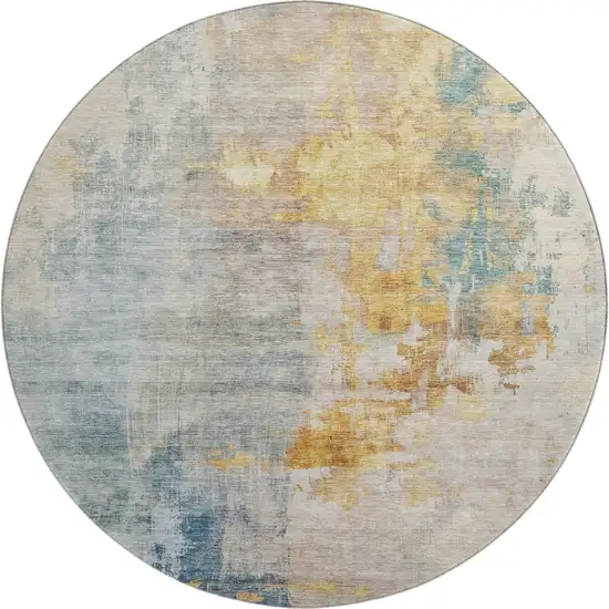 8' Linen Gold And Teal Abstract Washable Round Rug With UV Protection Photo 1