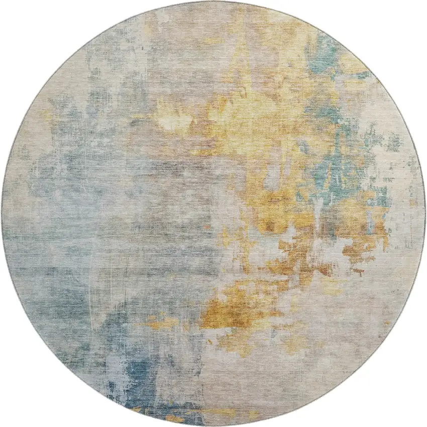 8' Linen Gold And Teal Abstract Washable Round Rug With UV Protection Photo 1