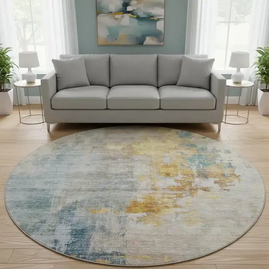 8' Linen Gold And Teal Abstract Washable Round Rug With UV Protection Photo 2