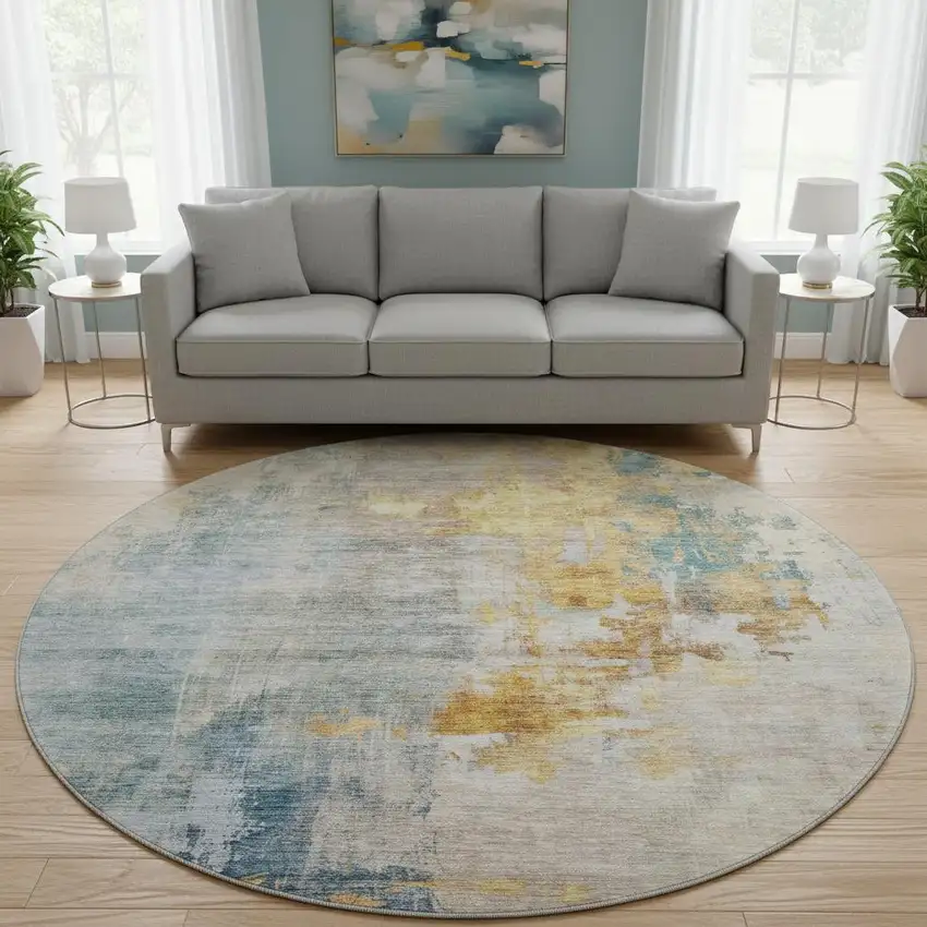8' Linen Gold And Teal Abstract Washable Round Rug With UV Protection Photo 2