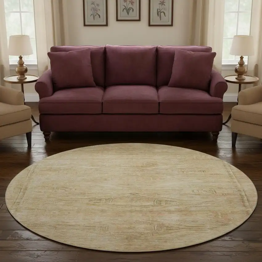 8' Linen Gold And Wheat Abstract Geometric Washable Round Rug With UV Protection Photo 2