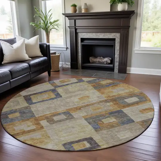 8' Linen Gold And Wheat Geometric Washable Round Rug With UV Protection Photo 3