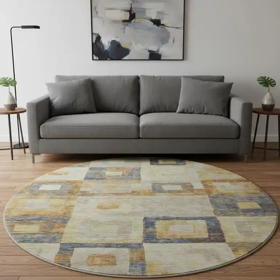 8' Linen Gold And Wheat Geometric Washable Round Rug With UV Protection Photo 2