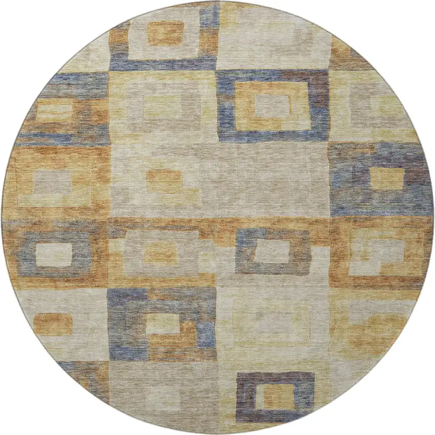 8' Linen Gold And Wheat Geometric Washable Round Rug With UV Protection Photo 2