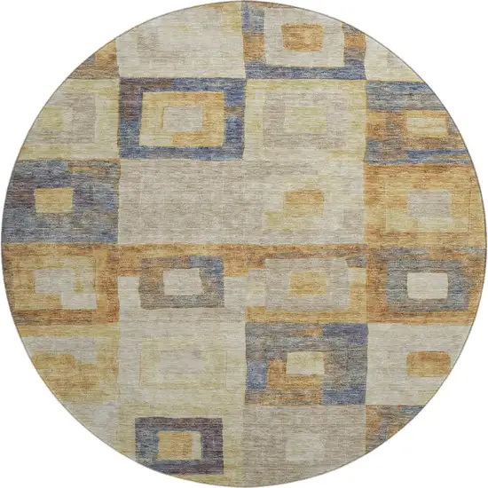 8' Linen Gold And Wheat Geometric Washable Round Rug With UV Protection Photo 1