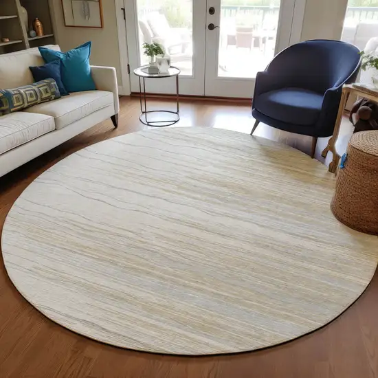 8' Linen Gray And Beige Round Striped Washable Indoor Outdoor Area Rug Photo 7